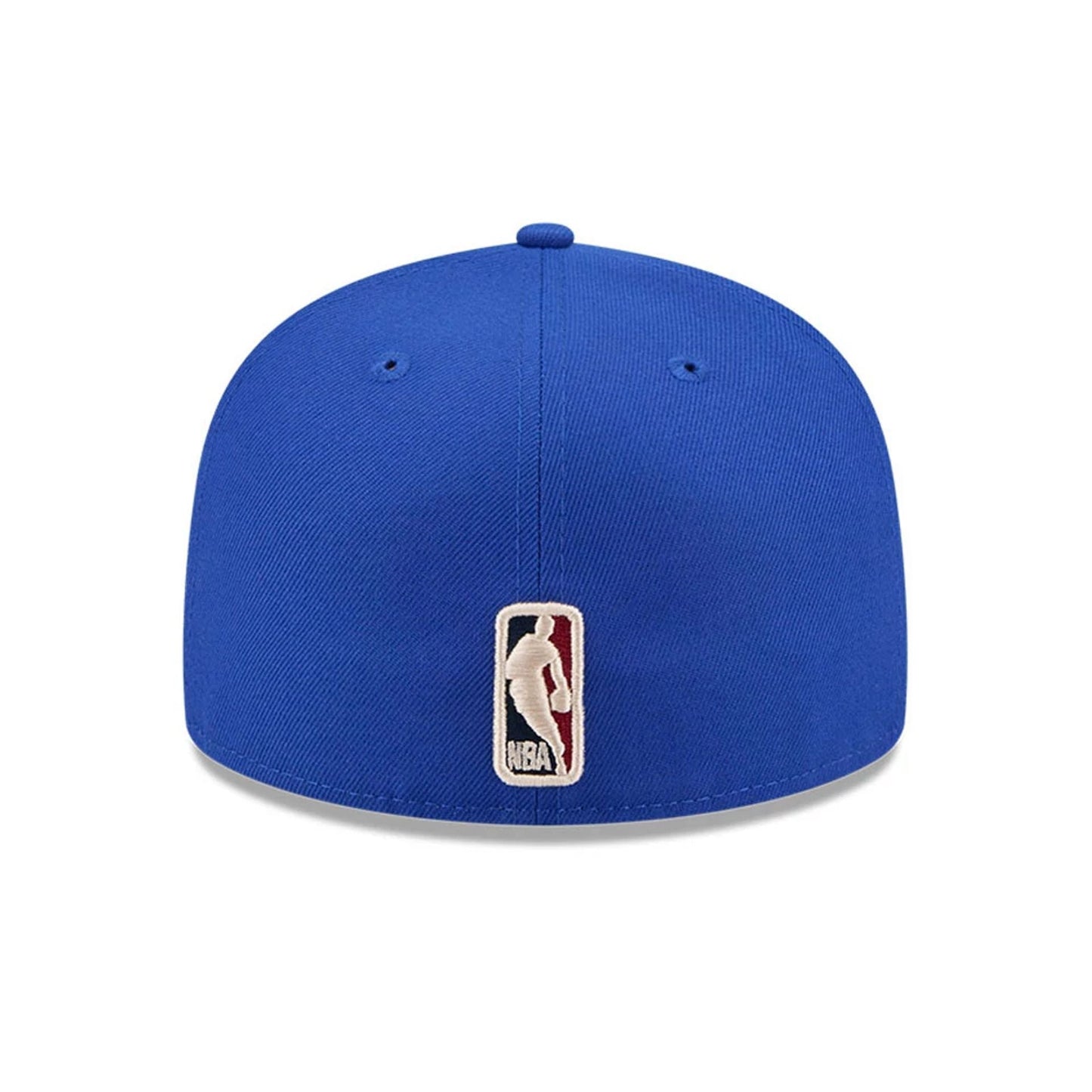 Philadelphia 76ers NBA Hardwood Classic Blue New Era 59FIFTY Fitted Cap, rear view showing the white embroidered NBA logo at the centre of the back panels with a structured blue crown and matching blue eyelets.