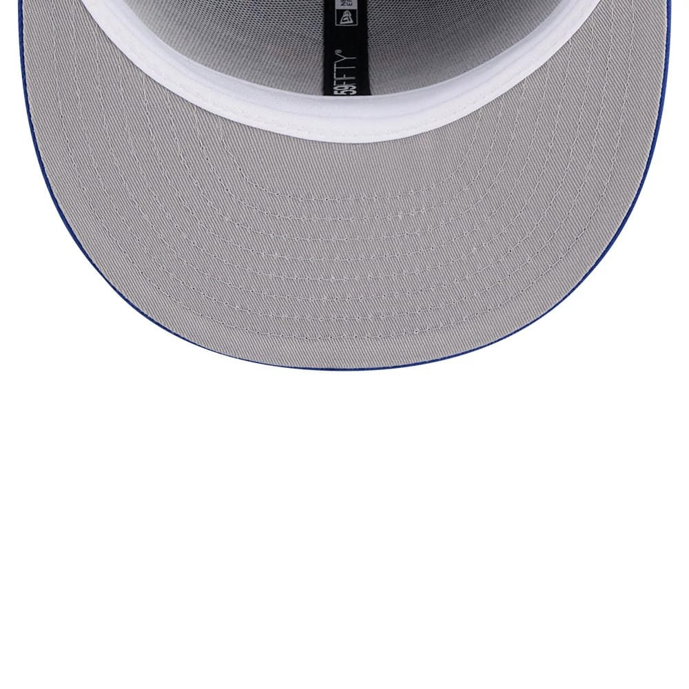Philadelphia 76ers NBA Hardwood Classic Blue New Era 59FIFTY Fitted Cap, inside view showing the white sweatband, grey undervisor, and black taping with white lettering running through the centre.