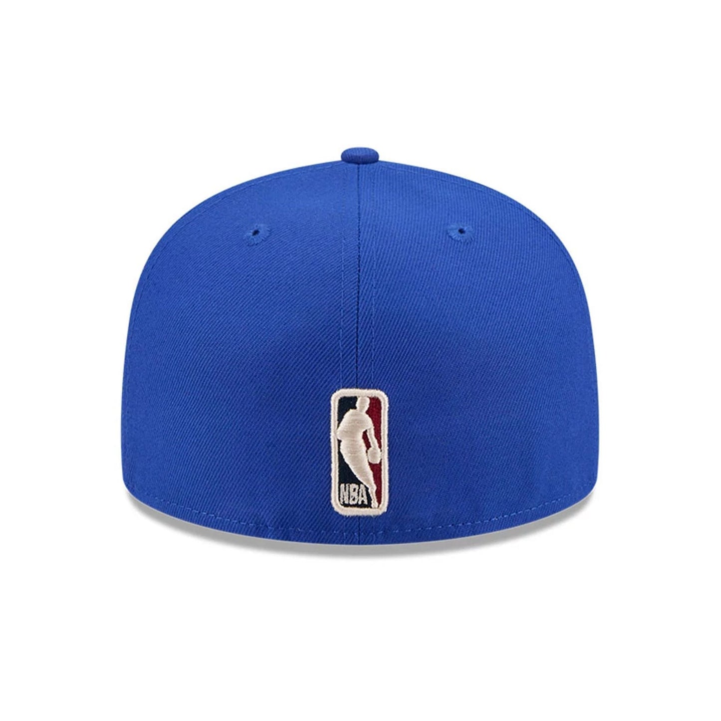 Detroit Pistons NBA Hardwood Classic Blue New Era 59FIFTY Fitted Cap, rear view showing the white and red embroidered NBA logo at the centre of the back panels, with a structured blue crown and matching blue eyelets.
