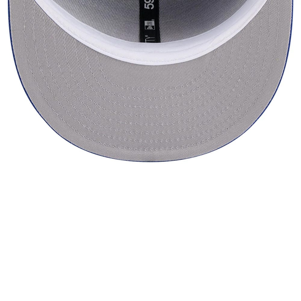 Detroit Pistons NBA Hardwood Classic Blue New Era 59FIFTY Fitted Cap, inside view showing the grey undervisor, black inner taping with white branding, and the white sweatband encircling the interior.