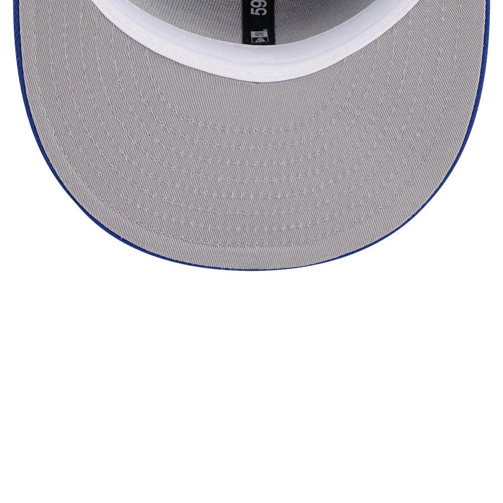 Warriors NBA Hardwood Classic Sidepatch Blue New Era 59FIFTY Fitted Cap, inside view showing the grey undervisor with black taping and a white sweatband, accompanied by a 59FIFTY size sticker on the interior visor.