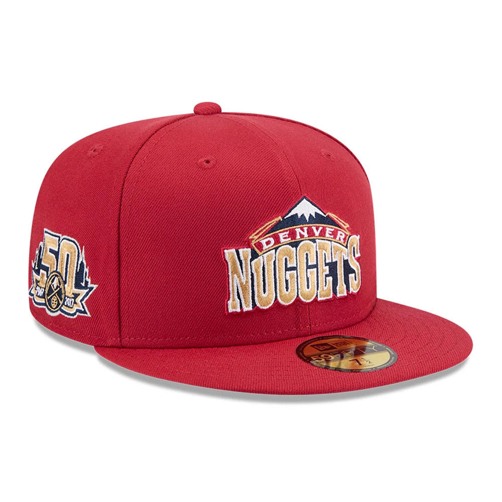 Denver Nuggets NBA Hardwood Classic Dark Red New Era 59FIFTY Fitted Cap, three-quarter view showing a raised Denver Nuggets logo in white and gold embroidery on the front panel, with a 60th anniversary patch on the right side.
