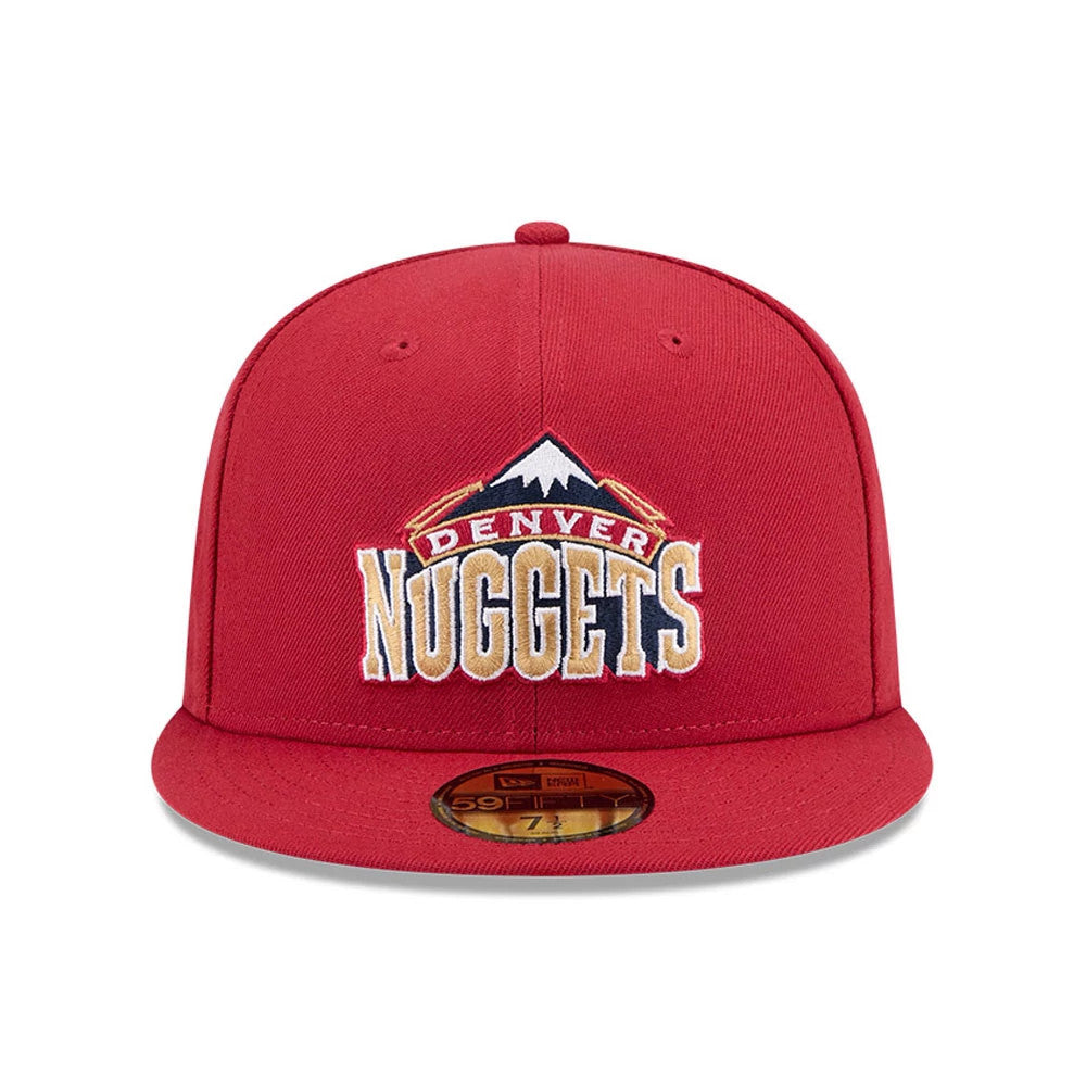 Denver Nuggets NBA Hardwood Classic Dark Red New Era 59FIFTY Fitted Cap, front view showing the raised white and gold embroidered logo on the structured dark red crown with a matching visor and a gold 59FIFTY size sticker.