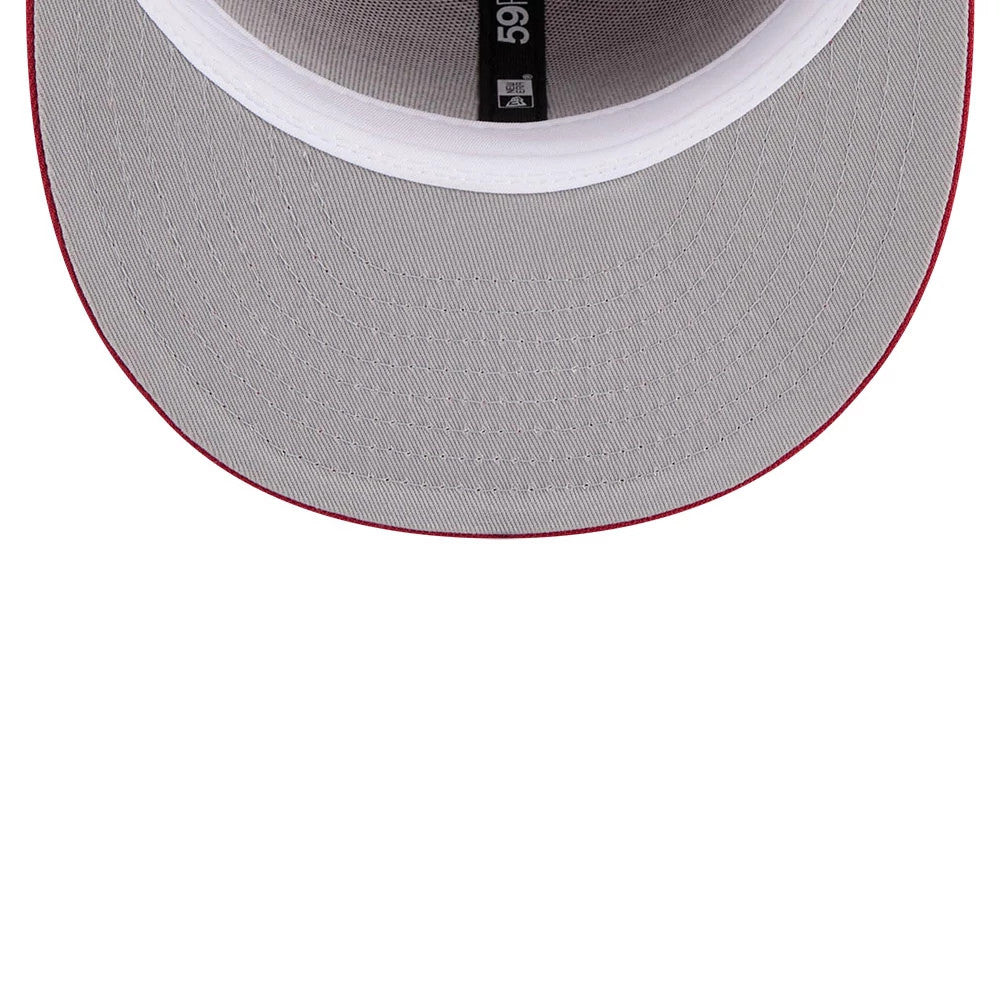 Denver Nuggets NBA Hardwood Classic Dark Red New Era 59FIFTY Fitted Cap, inside view showing a grey undervisor, white sweatband and black 59FIFTY size tag, with red stitching detail around the visor edge.