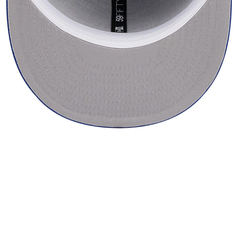 Minnesota Timberwolves NBA Hardwood Classic Blue New Era 59FIFTY Fitted Cap, inside view showing the grey undervisor, white sweatband, and black taping with 59FIFTY branding above the blue trimmed edge.