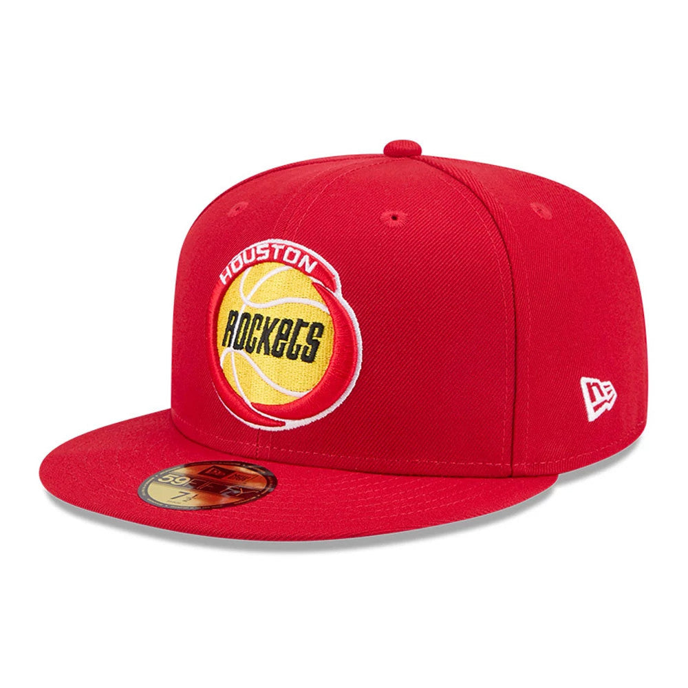 Houston Rockets NBA Hardwood Classic Anniversary Red New Era 59FIFTY Fitted Cap, front view showing the raised embroidered logo in yellow and white on the front panel, red visor with a gold 59FIFTY size sticker.