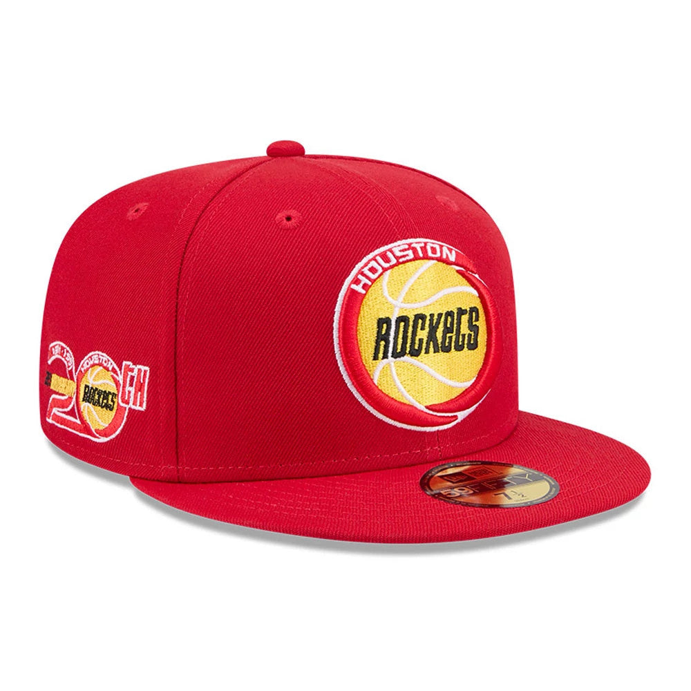 Houston Rockets NBA Hardwood Classic Anniversary Red New Era 59FIFTY Fitted Cap, three-quarter view showing the yellow and black embroidered Rockets logo on the front panel, gold 59FIFTY size sticker on the red visor.