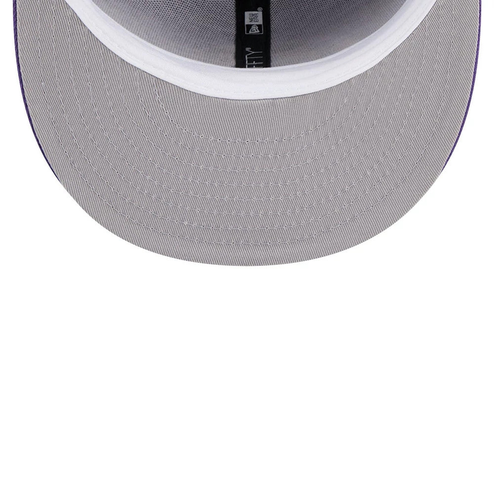 Pictured is this NBA Hardwood Classic 50th Anniversary LA Lakers 59FIFTY Fitted cap in purple. 2