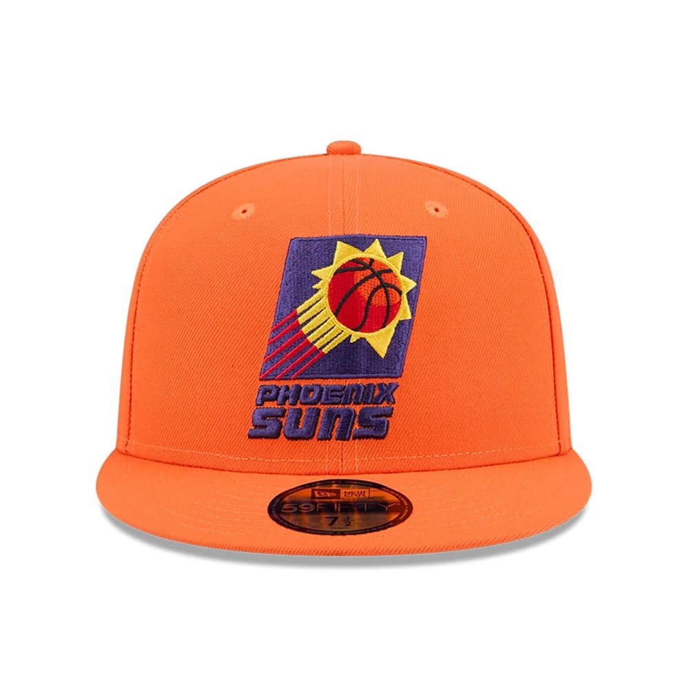 Phoenix Suns NBA Hardwood Classic Orange New Era 59FIFTY Fitted Cap, front view with a raised embroidered Suns logo in purple, yellow, and red on the structured orange crown, and a black 59FIFTY size sticker on the flat orange visor.