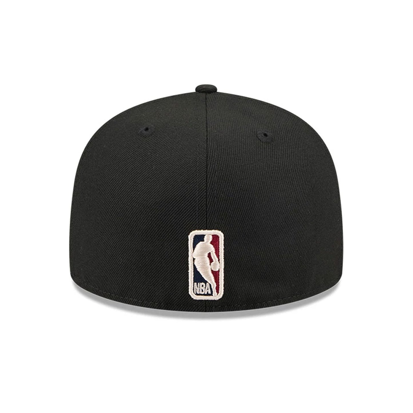 Washington Wizards NBA Hardwood Classic Black New Era 59FIFTY Fitted Cap, rear view showing the embroidered NBA logo at the centre back of the structured black crown, with eyelets and a top button.