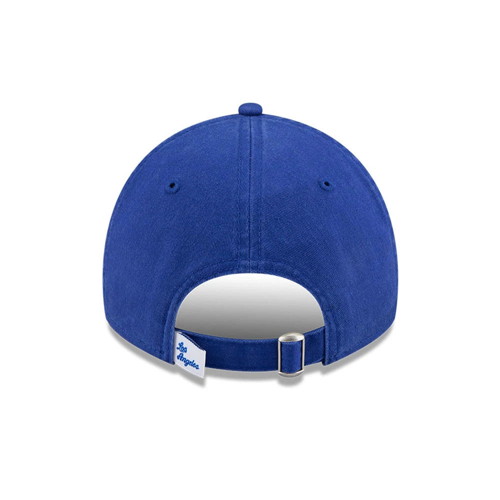 LA Lakers NBA Hardwood Classic Blue New Era 9TWENTY Adjustable Cap, rear view showing the white Los Angeles tag and buckle on the adjustable strap, with a blue top button and eyelets on the unstructured blue crown.