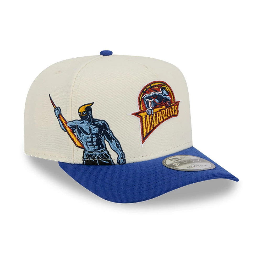 Golden State Warriors NBA Blue New Era 9FIFTY A-Frame Snapback Adjustable Cap, three-quarter view showing the detailed embroidered Warriors logo and character graphic on the front panel with a contrasting blue flat visor.