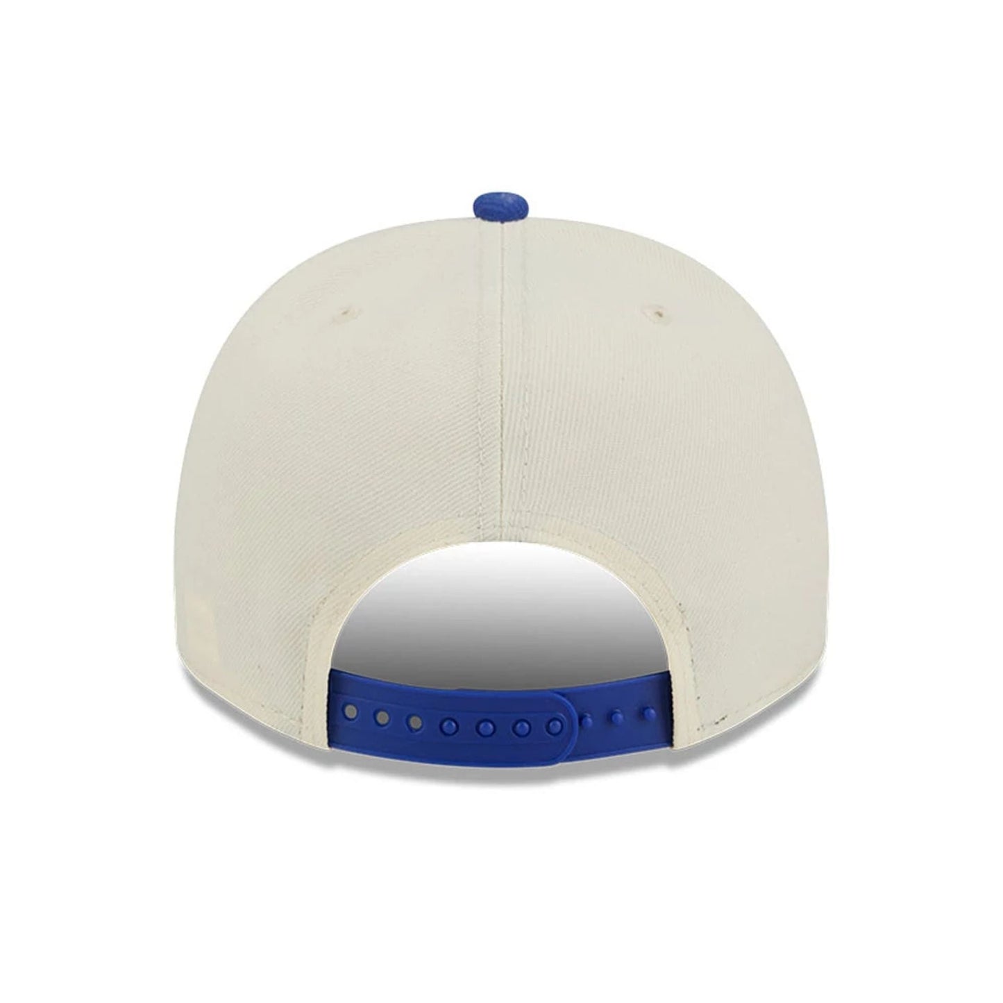Golden State Warriors NBA Blue New Era 9FIFTY A-Frame Snapback Adjustable Cap, rear view showing the blue snapback closure against the cream-coloured structured crown with a matching blue top button.