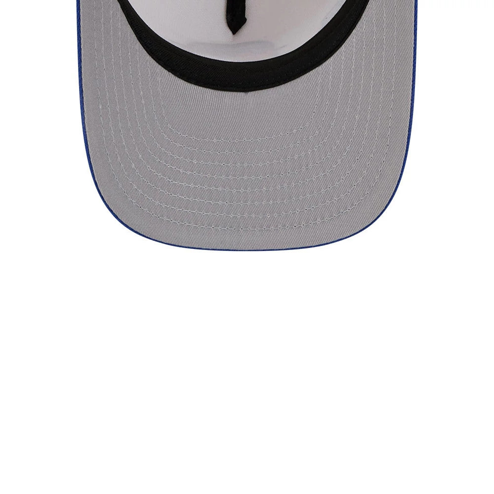 Golden State Warriors NBA Blue New Era 9FIFTY A-Frame Snapback Adjustable Cap, inside view showing a grey undervisor with black sweatband lining and stitching details along the edge.