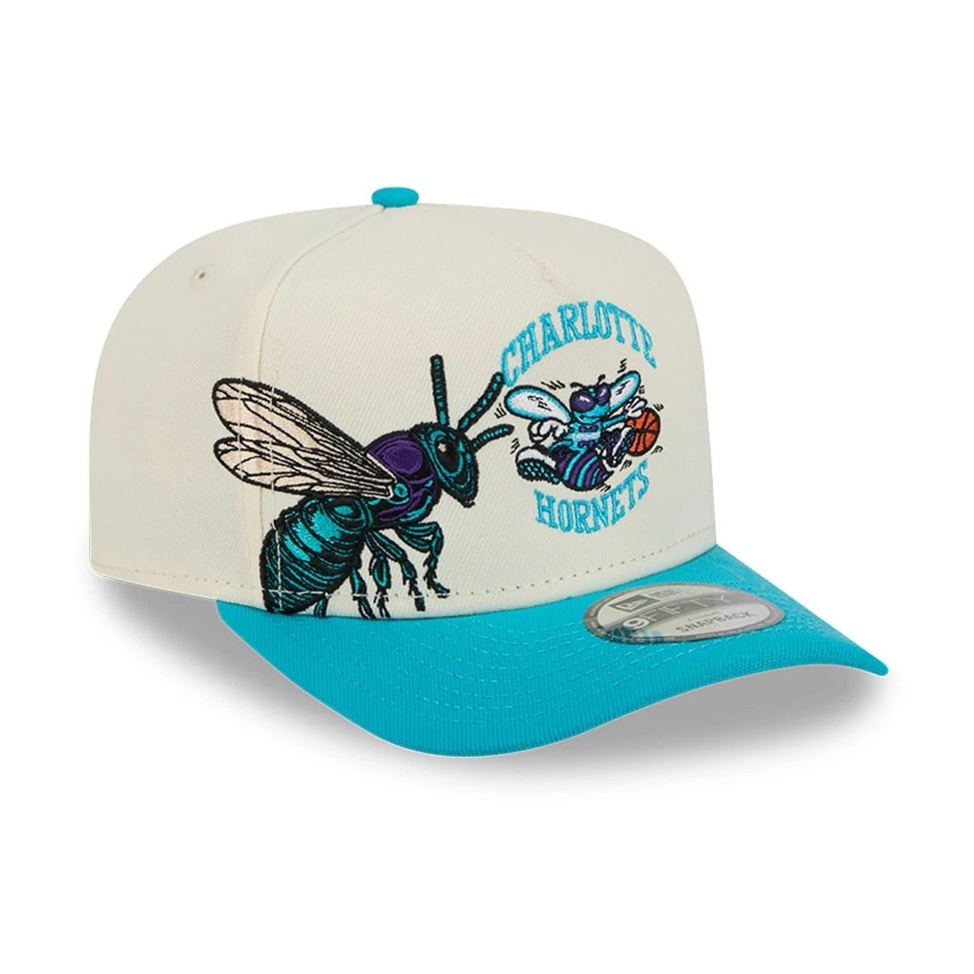 Pictured is this NBA Hardwood Classic Charlotte Hornets 9FIFTY A-Frame Snapback cap in turquoise. 1