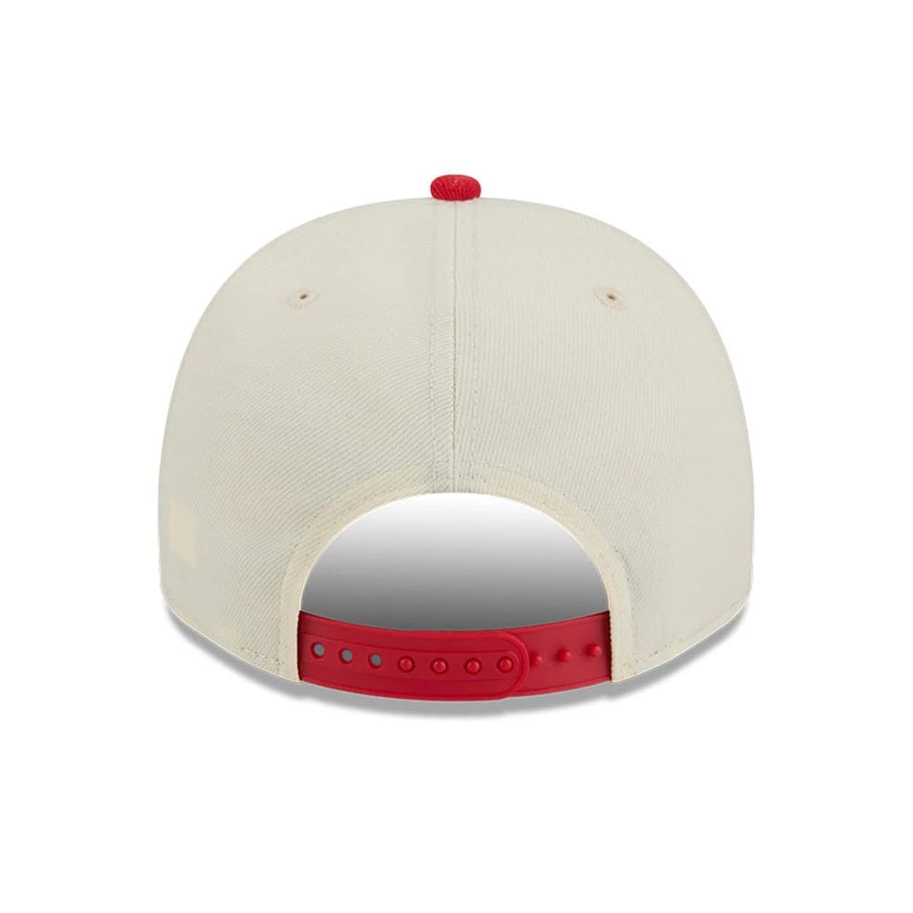 Houston Rockets NBA Red New Era 9FIFTY A-Frame Snapback Adjustable Cap, rear view showing the red plastic snap closure and red top button against the off-white structured back panels.