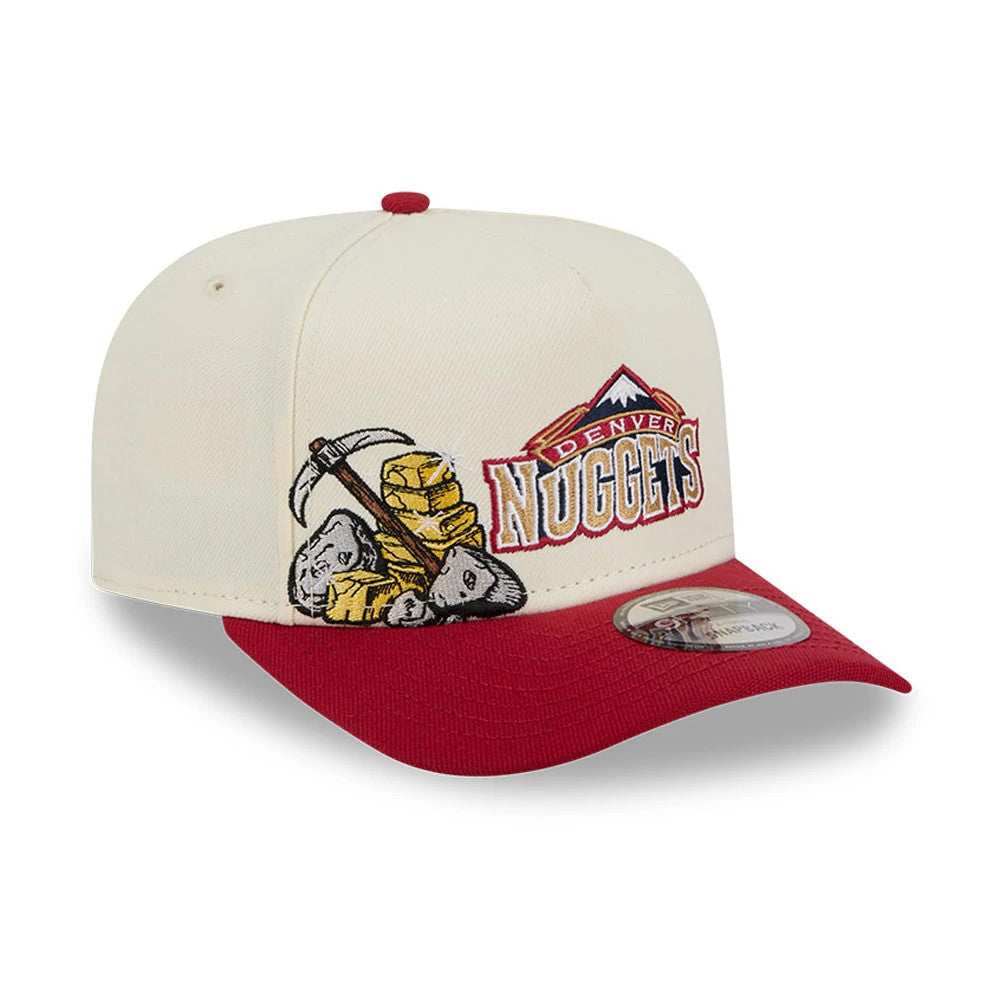 Denver Nuggets NBA Dark Red New Era 9FIFTY A-Frame Snapback Adjustable Cap, three-quarter view showing the embroidered Denver Nuggets logo with pickaxe and gold on the front panels, dark red visor and 9FIFTY size sticker.