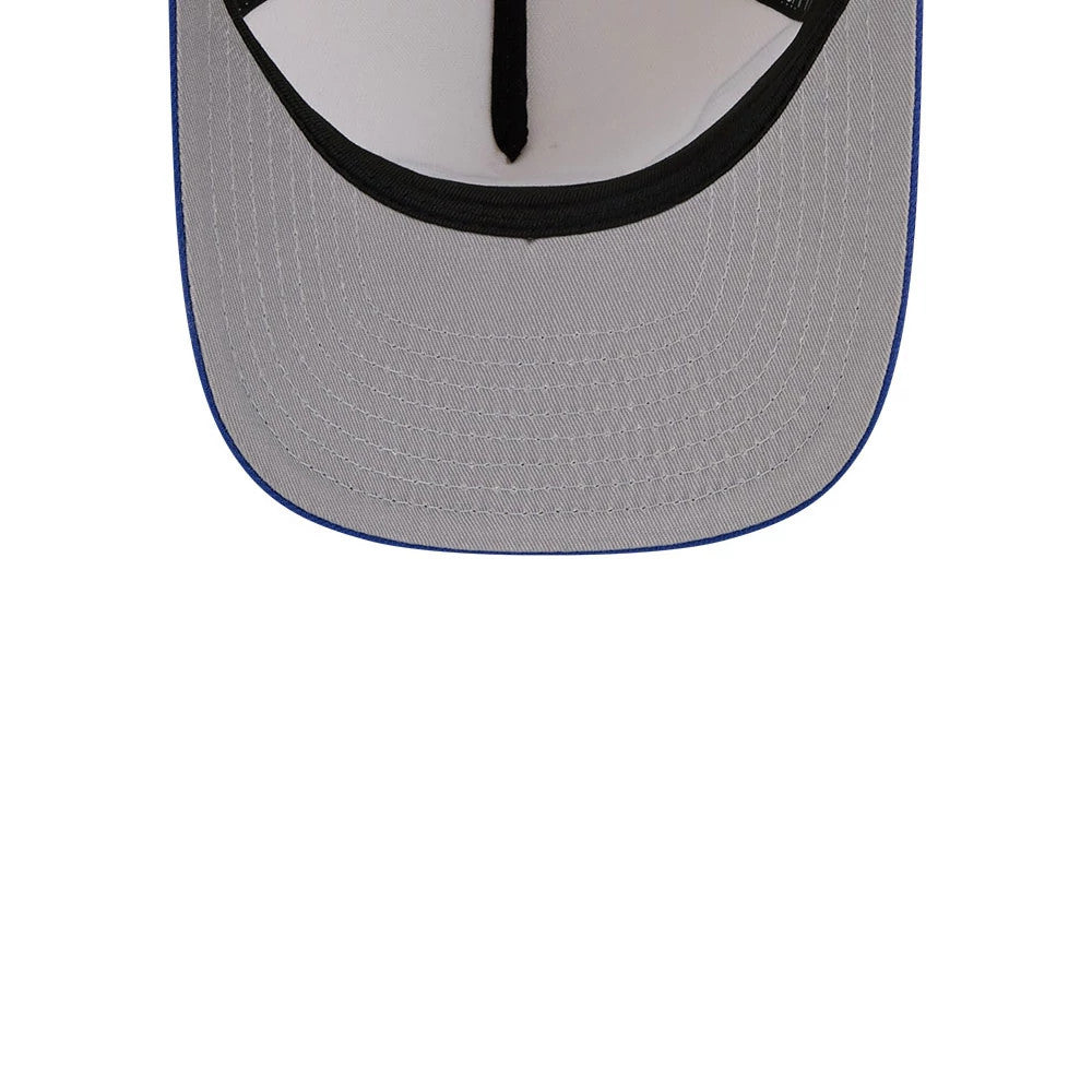 Dallas Mavericks NBA Blue New Era 9FIFTY A-Frame Snapback Adjustable Cap, inside view showing the grey undervisor with black taping and a white sweatband, providing a detailed look at the stitching and visor structure.