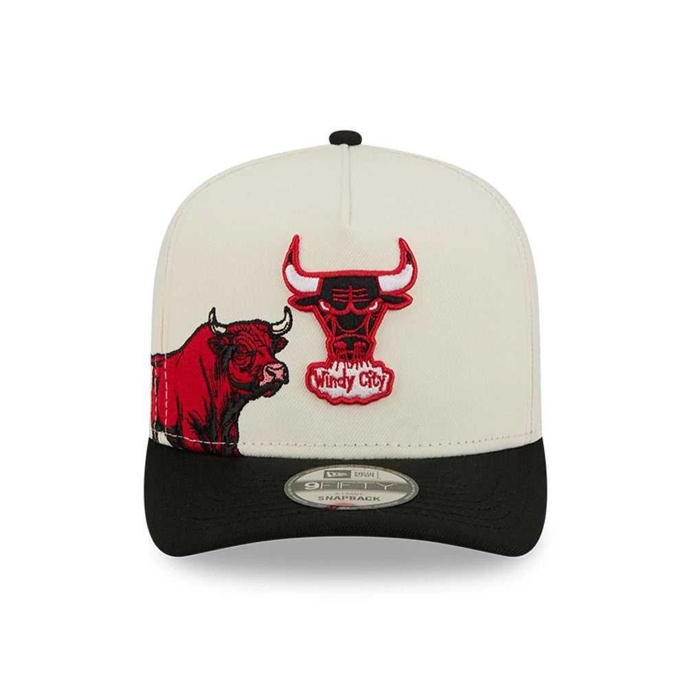 Chicago Bulls NBA Black New Era 9FIFTY A-Frame Snapback Adjustable Cap, front view showing the red and white embroidered Bulls logo with Windy City text on the structured crown, black visor, and 9FIFTY size sticker.