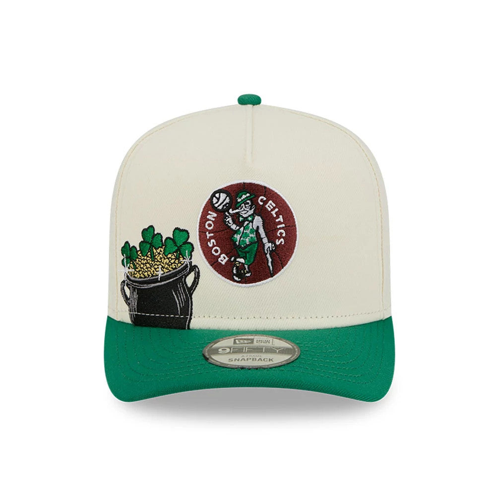 Boston Celtics NBA Cream New Era 9FIFTY A-Frame Snapback Adjustable Cap, front view showing the raised embroidered team logo on the cream front panel and a green visor with a 9FIFTY size sticker.