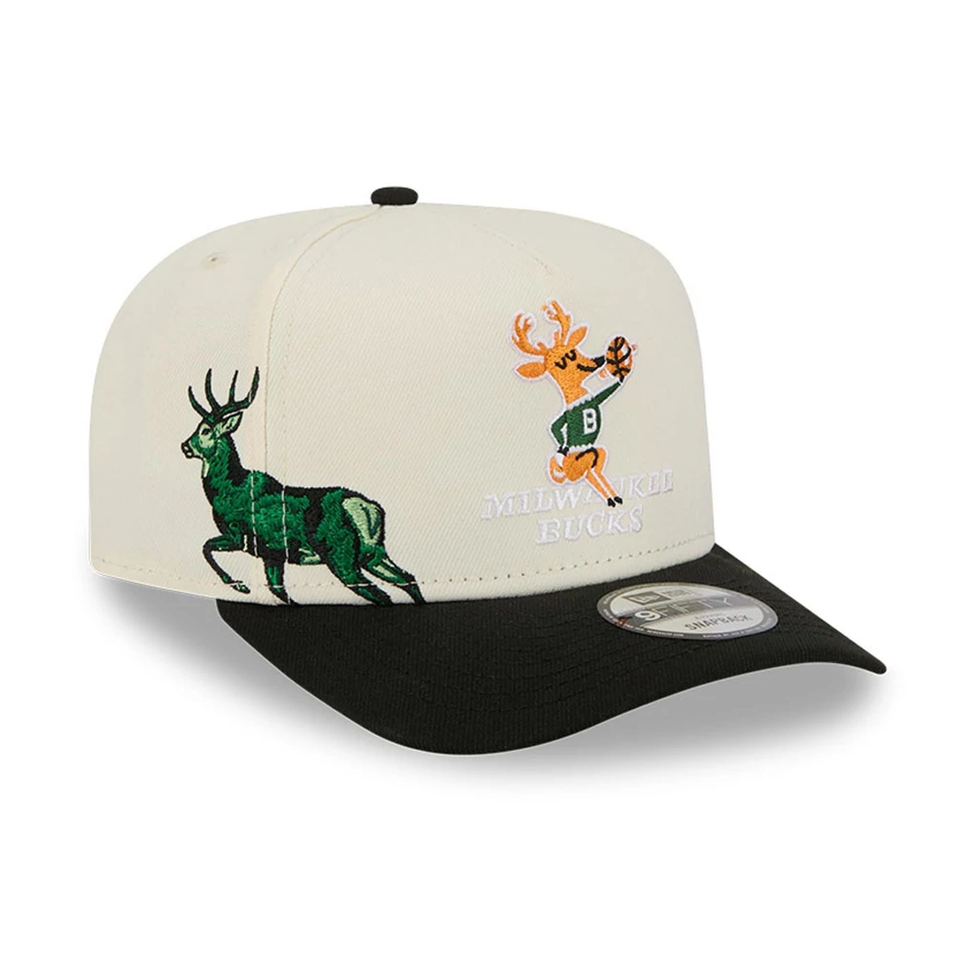Pictured is this NBA Hardwood Classic Milwaukee Bucks 9FIFTY A-Frame Snapback cap in black. 1