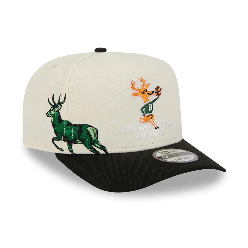 Milwaukee Bucks NBA Black New Era 9FIFTY A-Frame Snapback Adjustable Cap, front view showing embroidered green deer and orange buck logos on the front panels, with Milwaukee Bucks text and a black visor with a 9FIFTY size sticker.