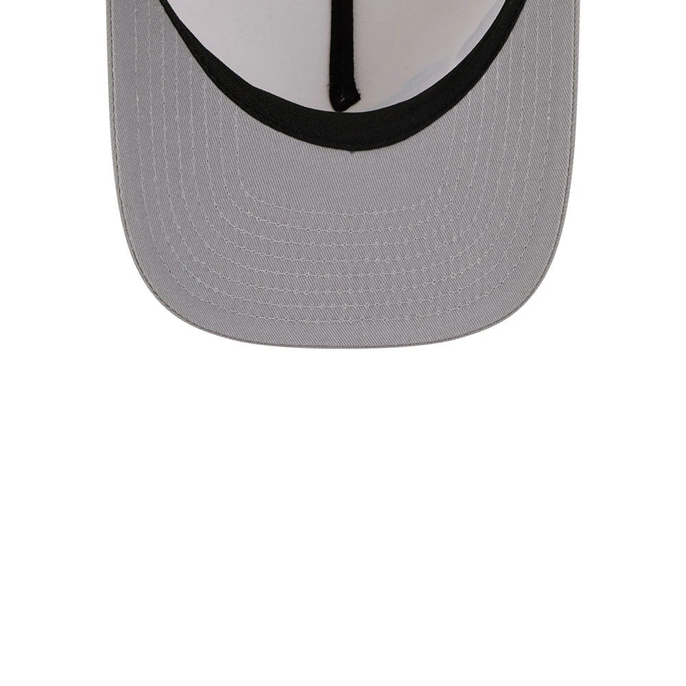 San Antonio Spurs NBA Grey New Era 9FIFTY A-Frame Snapback Adjustable Cap, inside view showing a grey undervisor, black sweatband, and interior stitching detail, highlighting the craftsmanship and adjustable snapback design.