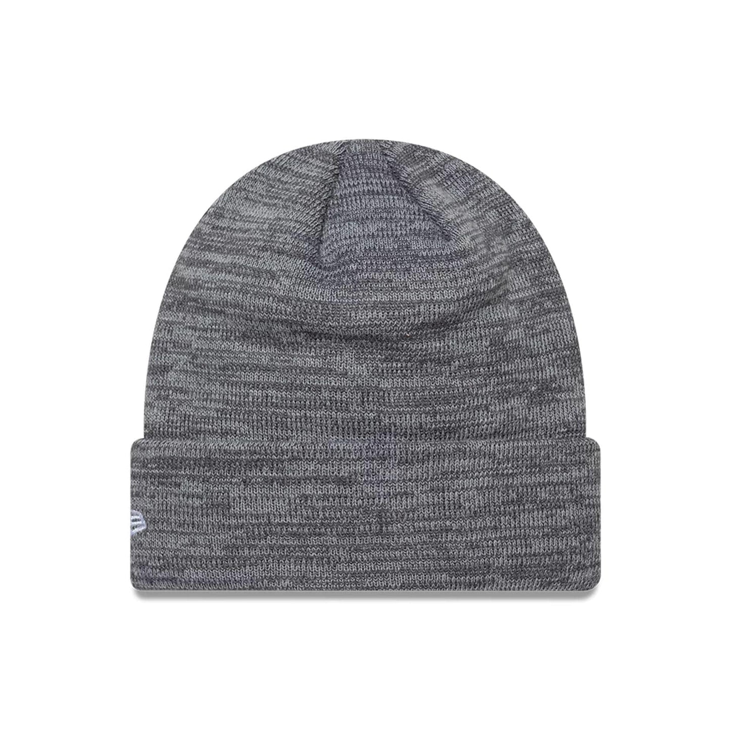 New Era Newcastle United FC Retro Grey Cuff knit Beanie Hat, front view showing a marled grey knit pattern with a soft, rounded crown and a turned-up cuff featuring the embroidered New Era flag logo on the left side.