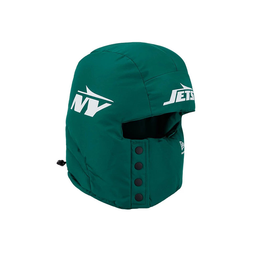 New Era New York Jets NFL Puffer Helmet Green Trapper Hat, side view showing the white NY and Jets logos on the green padded exterior, adjustable strap with black buttons at the front, and New Era flag logo on the side.
