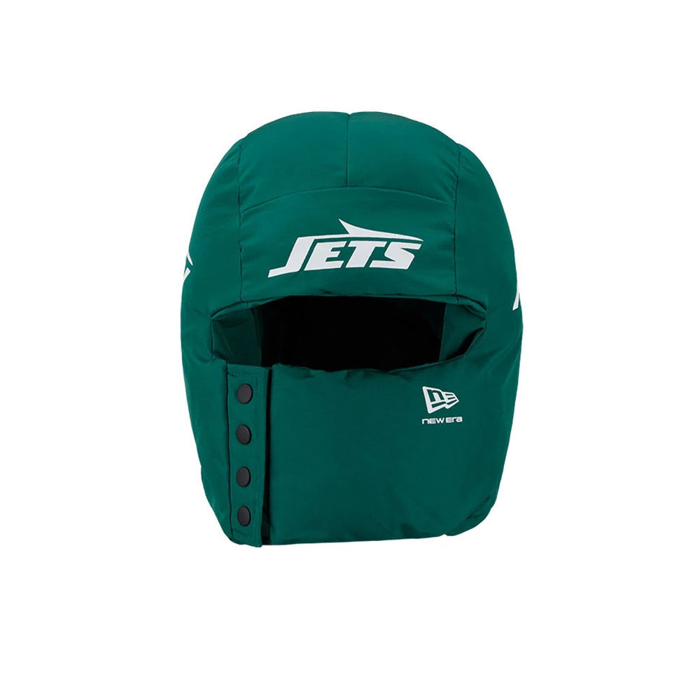 New Era New York Jets NFL Puffer Helmet Green Trapper Hat, front view showing the white Jets logo embroidered on the front, with black buttons on the side straps and the New Era flag logo on the lower right side.