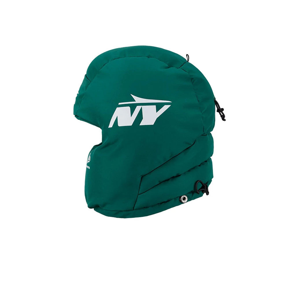 New Era New York Jets NFL Puffer Helmet Green Trapper Hat, side view showing the white NY logo embroidered on the green puffer material, with black drawstrings and ear flaps for added warmth and comfort.