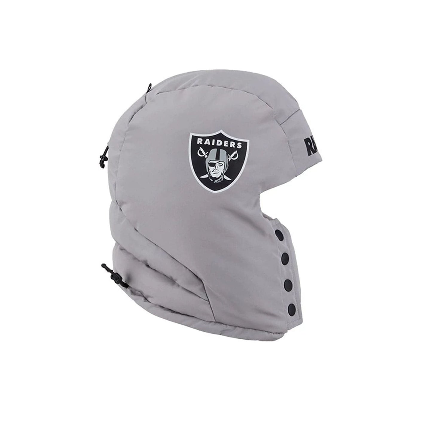 Pictured is this NFL Puffer Helmet Las Vegas Raiders Trapper hat in Grey. 6