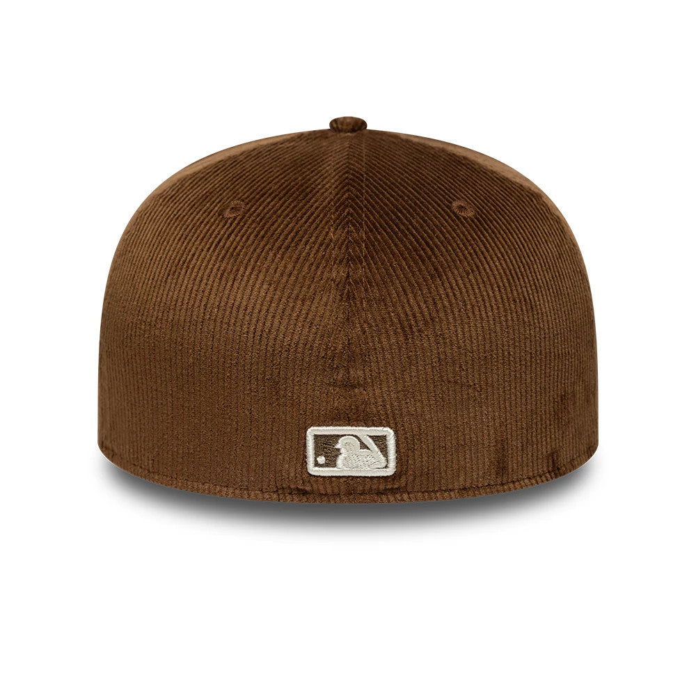 Atlanta Braves MLB Cord Dark Brown New Era 59FIFTY Fitted Cap, rear view showing the white embroidered MLB Batterman logo centred on the ribbed corduroy back panels, topped with a matching dark brown button.