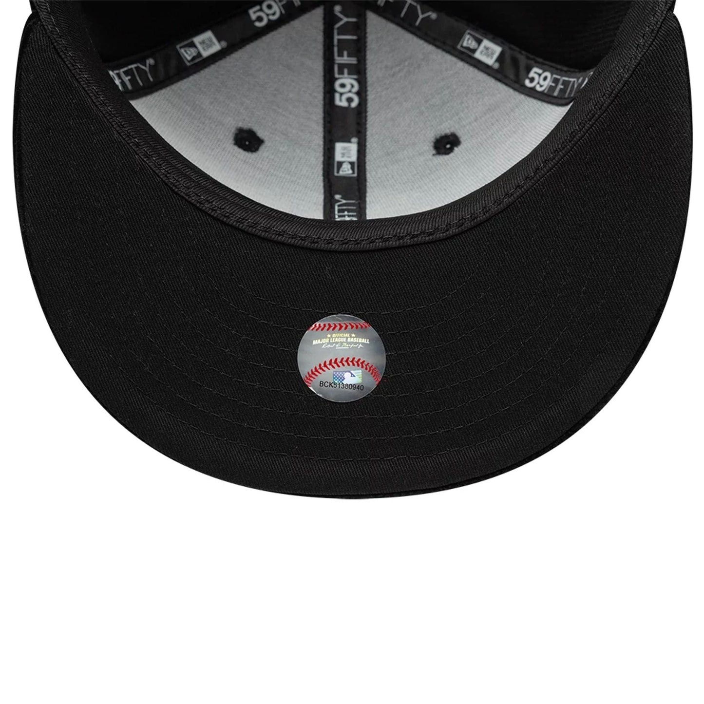 Chicago White Sox MLB Cord Black New Era 59FIFTY Fitted Cap, inside view showing black sweatband and taping with 59FIFTY branding, grey undervisor and a baseball graphic sticker at the centre.
