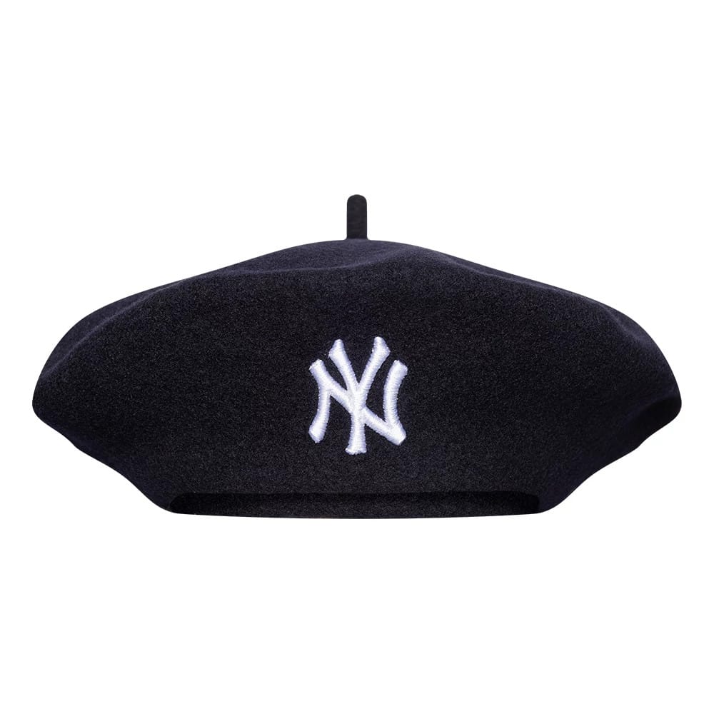 New Era New York Yankees Womens MLB Wool Navy Beret, front view showing the white embroidered NY logo prominently on the front of the navy wool beret, complete with a classic top stem detail.
