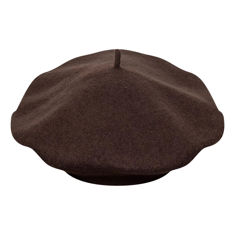 New Era New York Yankees Womens MLB Wool Dark Brown Beret, front view showing the classic round shape with a small stem on top, crafted in a rich dark brown wool material.