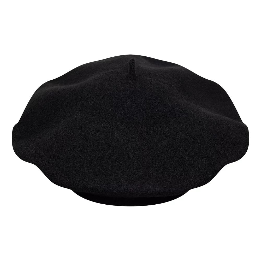 Womens New Era Wool Black Beret, front view showing the and classic shape with a small top nub, emphasising the soft wool texture and elegant dark monochrome finish.