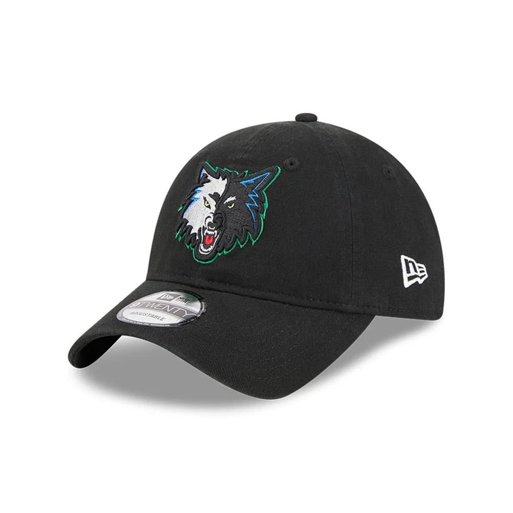 Minnesota Timberwolves NBA Classic Black New Era 9TWENTY Adjustable Cap, front view showing the multicoloured embroidered Timberwolves logo on the black structured crown with a curved visor and a 9TWENTY size sticker.