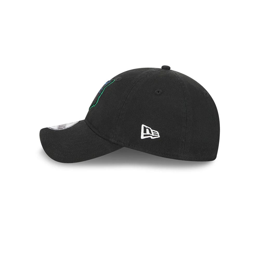 Minnesota Timberwolves NBA Classic Black New Era 9TWENTY Adjustable Cap, side view showing the white embroidered New Era flag logo on the left side of the unstructured black crown and the curved visor.