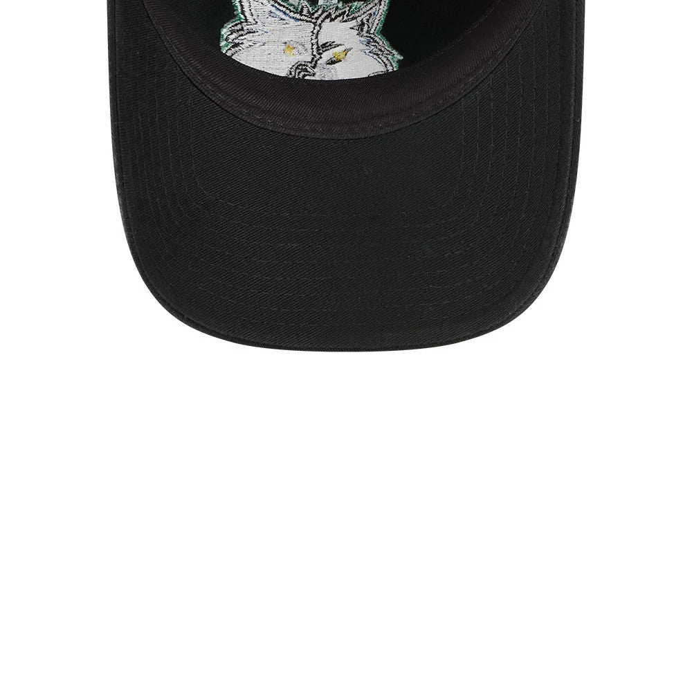 Minnesota Timberwolves NBA Classic Black New Era 9TWENTY Adjustable Cap, inside view showing the embroidered Timberwolves logo on the black undervisor with a classic curved black visor and structured crown.