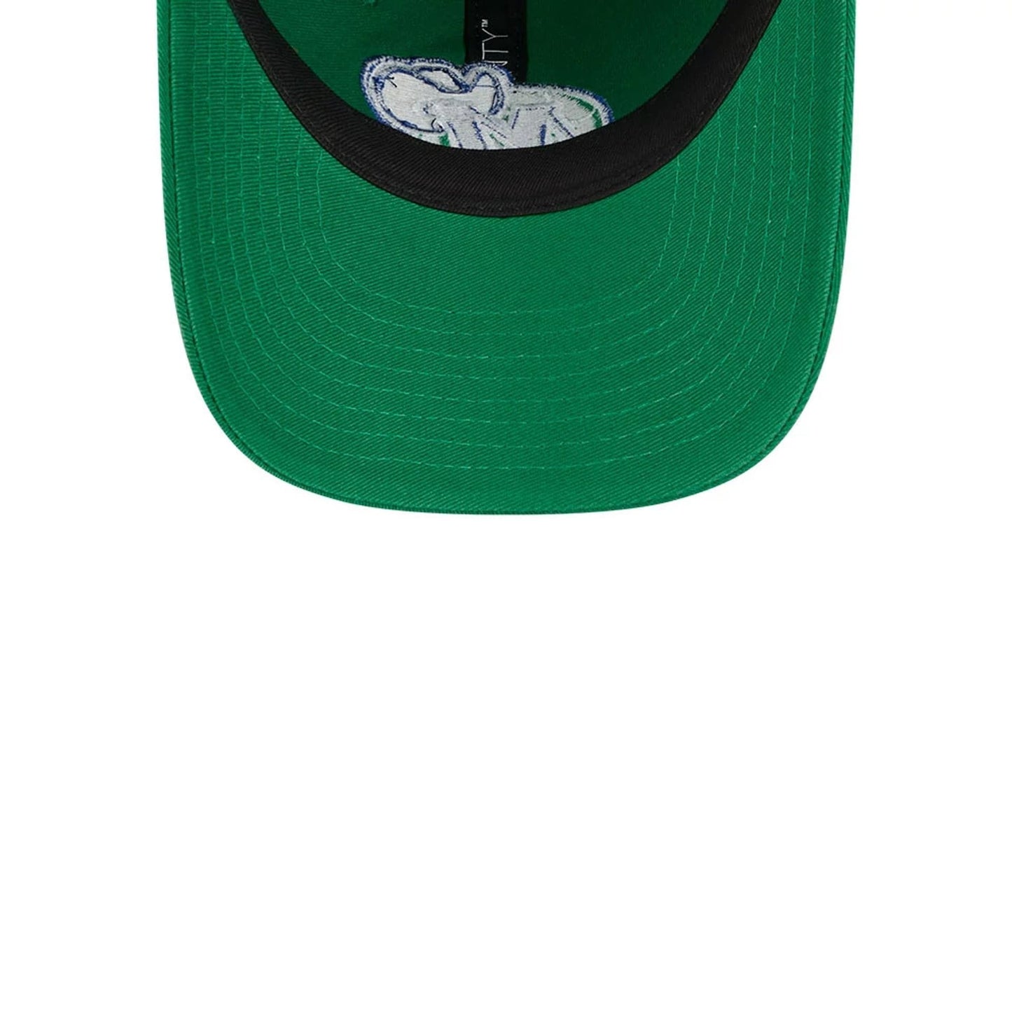 Dallas Mavericks NBA Classic Green New Era 9TWENTY Adjustable Cap, inside view showing a contrasting black sweatband, green undervisor and Dallas Mavericks logo on the internal tag against the structured green crown.