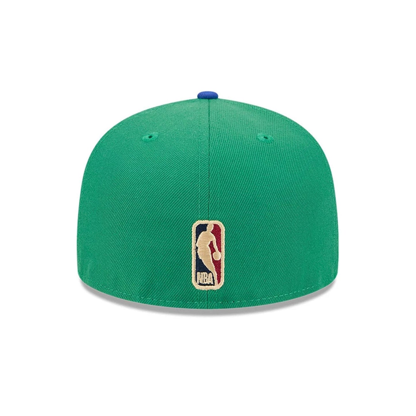 Dallas Mavericks NBA Classic Green New Era 59FIFTY Fitted Cap, rear view showing the embroidered NBA logo in red, white and blue at the centre back on a green structured crown with a contrasting blue top button.