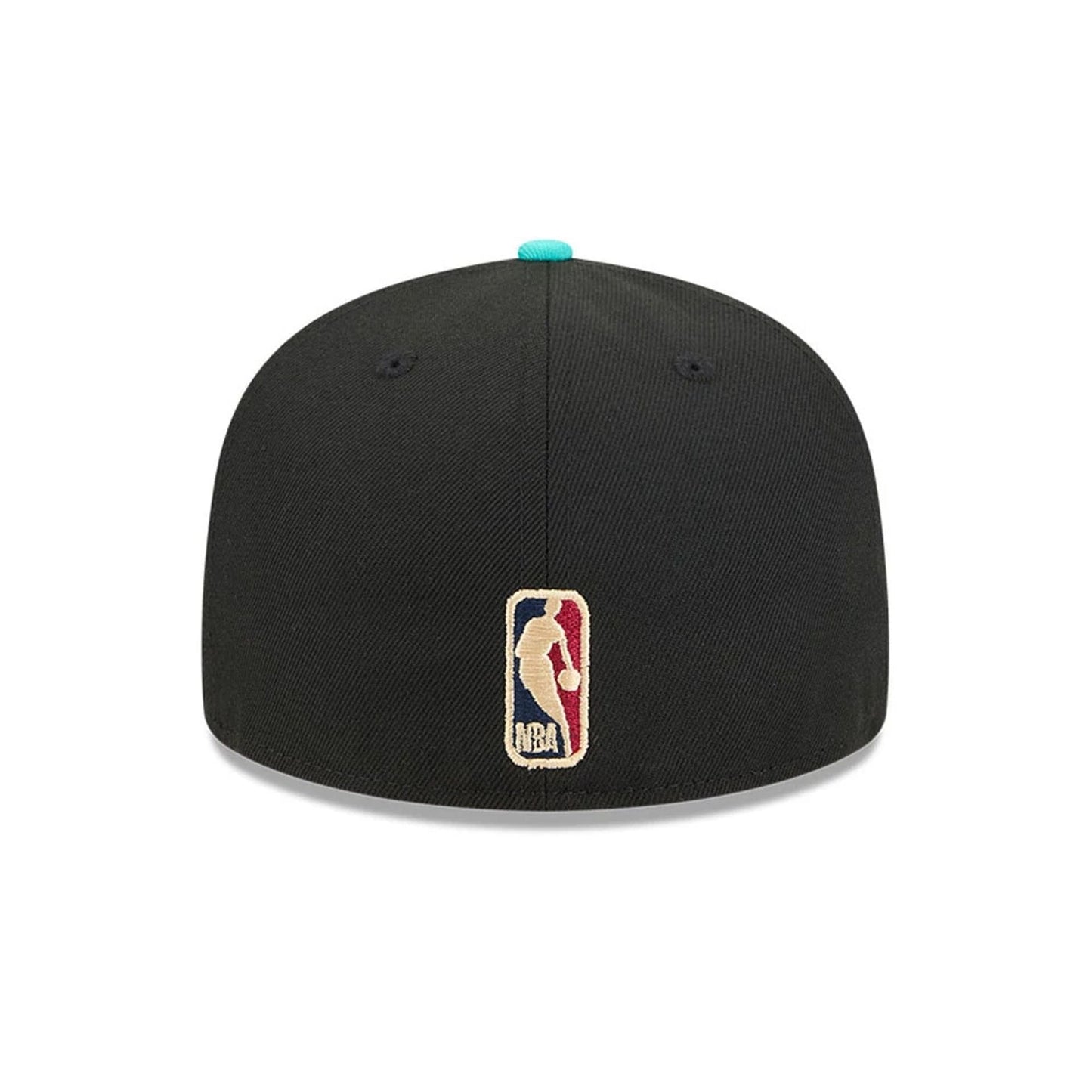 Memphis Grizzlies NBA Classic Black New Era 59FIFTY Fitted Cap, rear view showing the white and red embroidered NBA logo centred on the back panels, with a teal top button on the black structured crown.