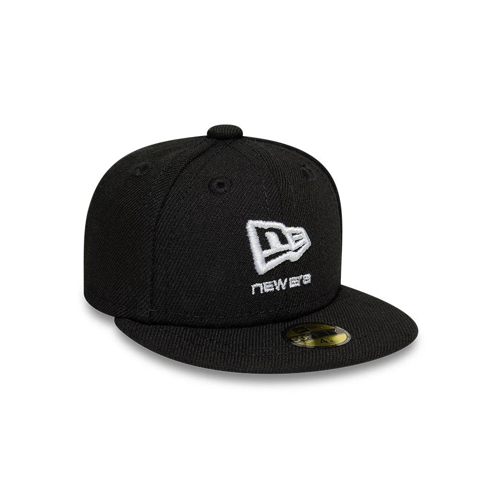 New Era Flag Logo Black Mini 59FIFTY Fitted Cap, three-quarter view showing the raised white embroidered New Era flag logo on the front panel, a black flat visor, and a gold 59FIFTY size sticker on the visor.