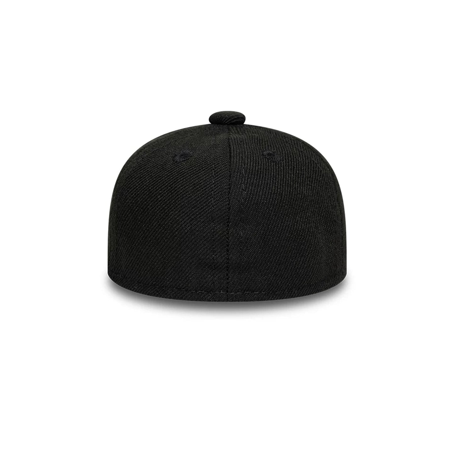 New Era Flag Logo Black Mini 59FIFTY Fitted Cap, rear view showing the seamless black crown with a matching top button and evenly spaced eyelets, finished with a clean edge along the base.