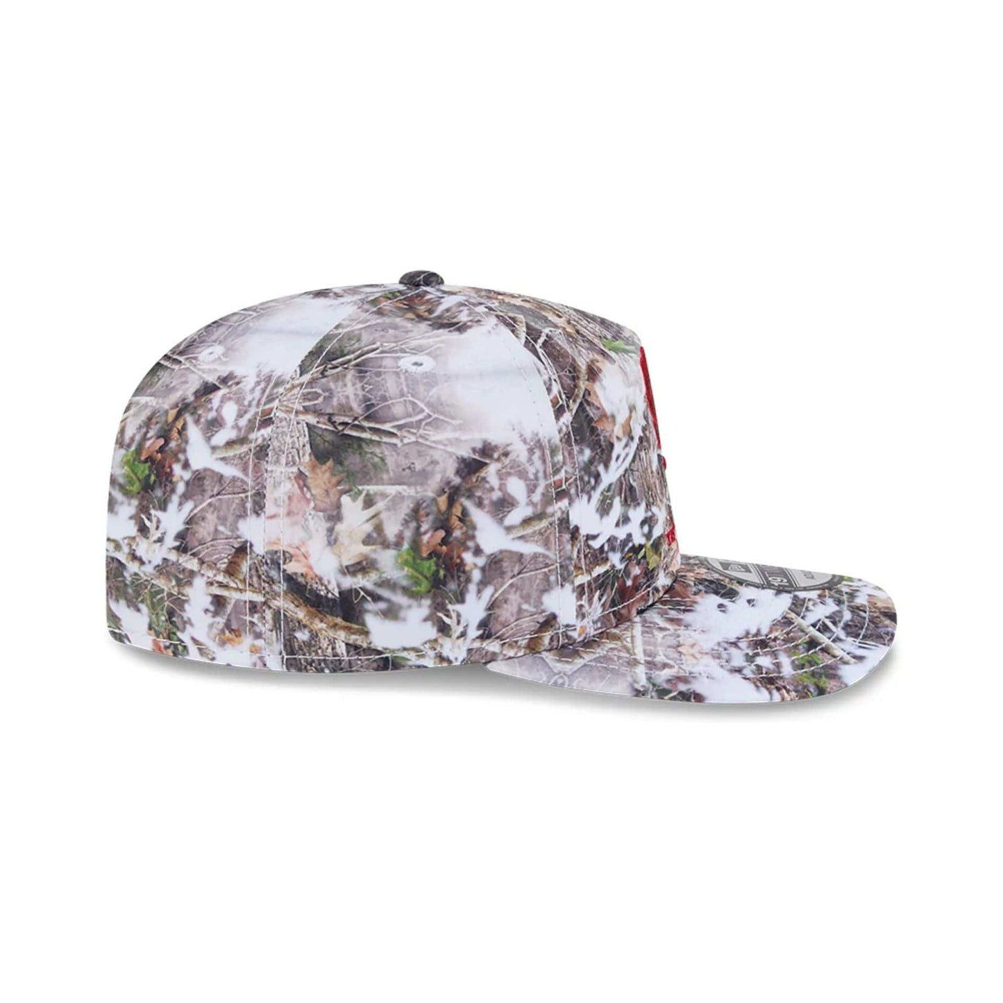 New Era Holiday Essentials Photoreal 19TWENTY Adjustable Cap, side view showing an intricate forest-patterned print across the unstructured crown and flat visor, with a 19TWENTY size sticker on the visor.