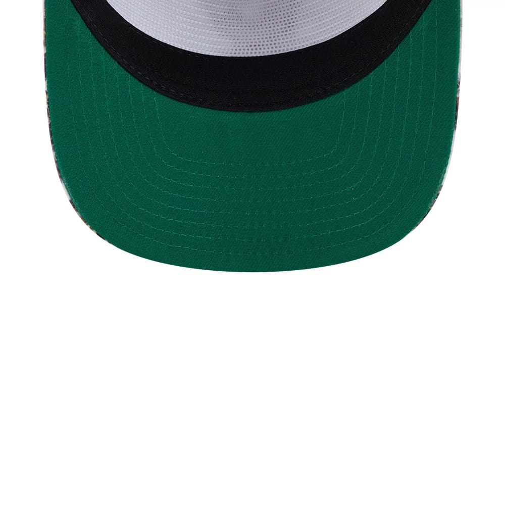 New Era Holiday Essentials Photoreal 19TWENTY Adjustable Cap, top view showing a green visor with a black border and detailed stitching, highlighting the photoreal design on the crown.