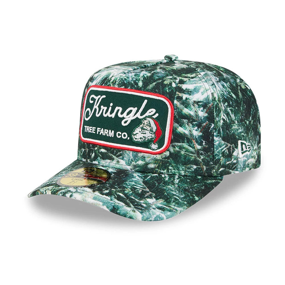 New Era Holiday Essentials Dark Green 59FIFTY A-Frame Fitted Cap, three-quarter view with Kringle Tree Farm Co. lettering and Santa graphic embroidered on the front panel, featuring a flat visor and gold 59FIFTY size sticker.