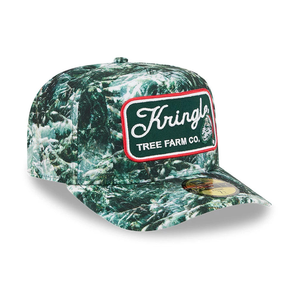 New Era Holiday Essentials Dark Green 59FIFTY A-Frame Fitted Cap, three-quarter view showing the Kringle Tree Farm Co. patch in white embroidery with red border on the front panel, and a gold 59FIFTY size sticker on the dark green flat visor.