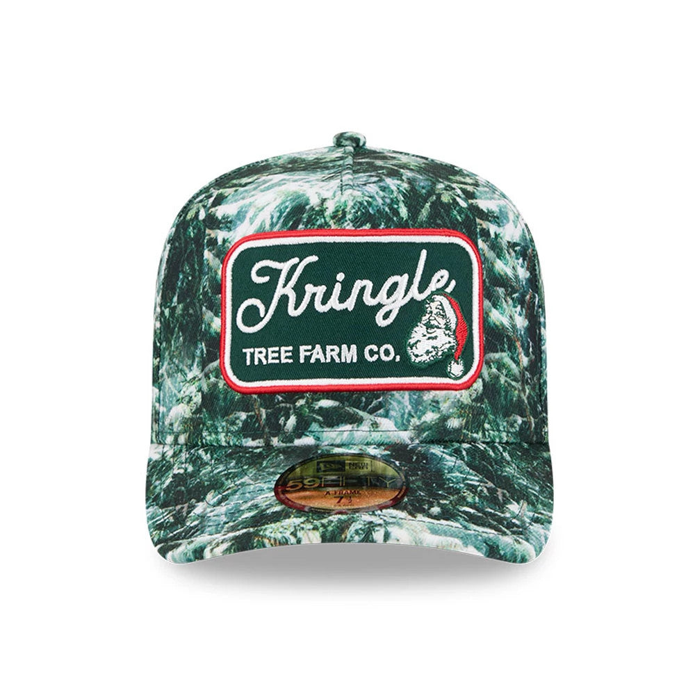 New Era Holiday Essentials Dark Green 59FIFTY A-Frame Fitted Cap, front view showing a dark green and white Kringle Tree Farm Co. patch embroidered on the crown with a gold 59FIFTY size sticker on the flat visor.